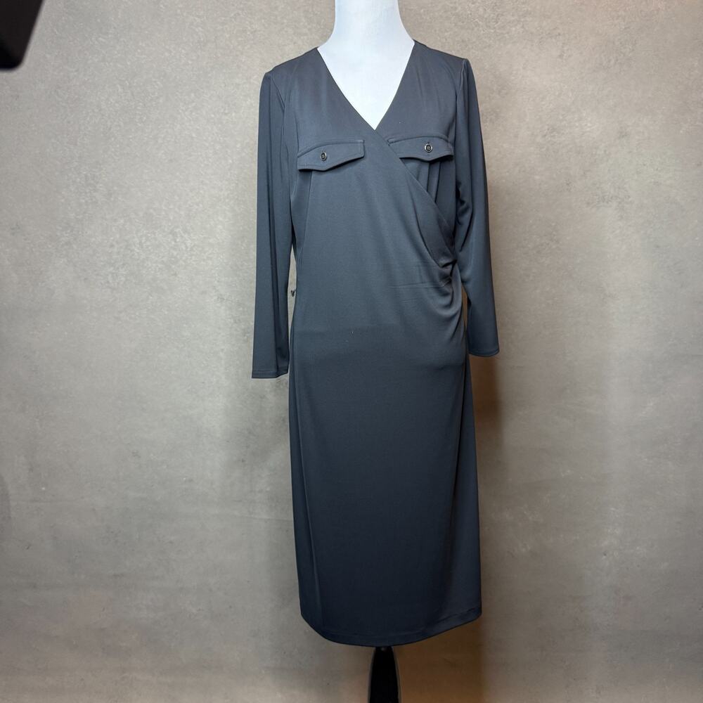 Talbots Faux Wrap Midi Dress Women’s L Charcoal Gray Long Sleeve Stretch